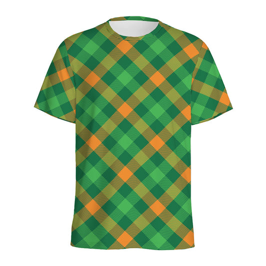 Green And Orange Buffalo Plaid Print Men's Sports T-Shirt