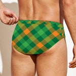 Green And Orange Buffalo Plaid Print Men's Swim Briefs