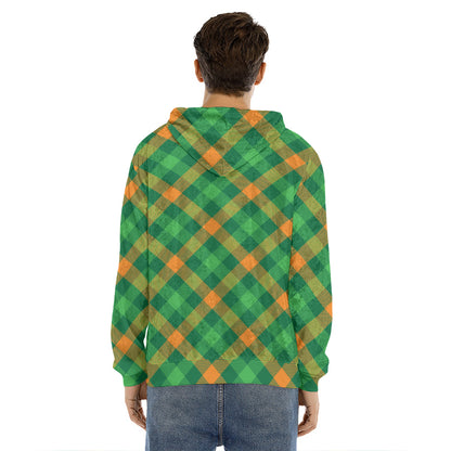 Green And Orange Buffalo Plaid Print Men's Velvet Pullover Hoodie