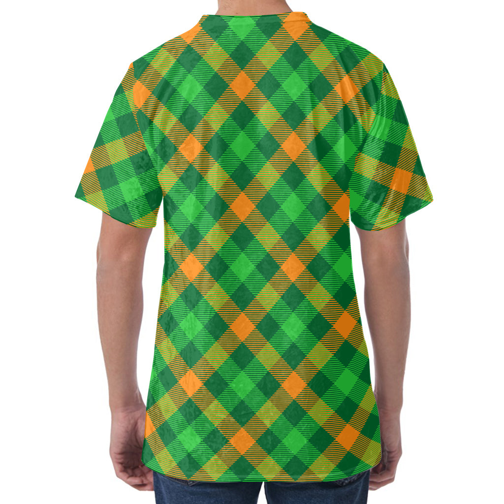 Green And Orange Buffalo Plaid Print Men's Velvet T-Shirt