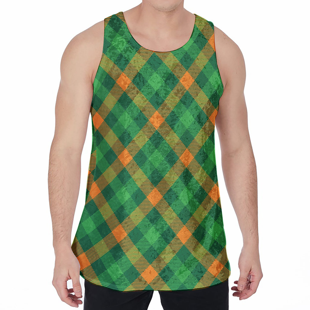 Green And Orange Buffalo Plaid Print Men's Velvet Tank Top