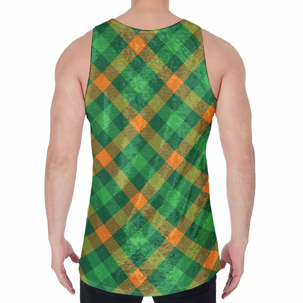 Green And Orange Buffalo Plaid Print Men's Velvet Tank Top