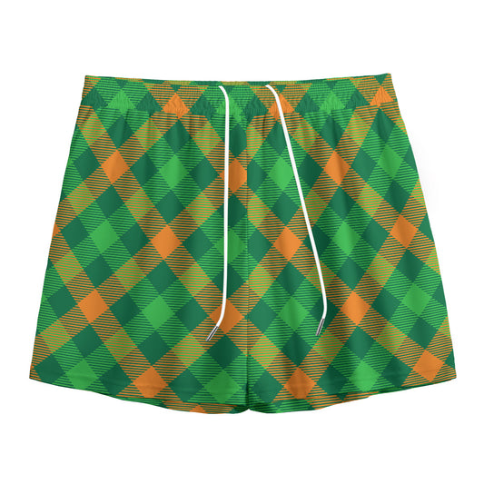 Green And Orange Buffalo Plaid Print Mesh Shorts