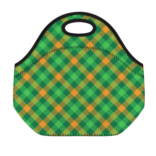 Green And Orange Buffalo Plaid Print Neoprene Lunch Bag