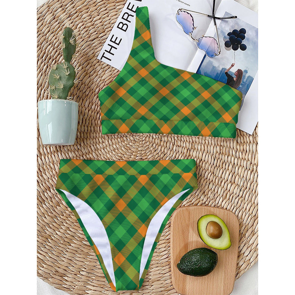 Green And Orange Buffalo Plaid Print One Shoulder Bikini Top