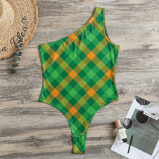 Green And Orange Buffalo Plaid Print One Shoulder Bodysuit