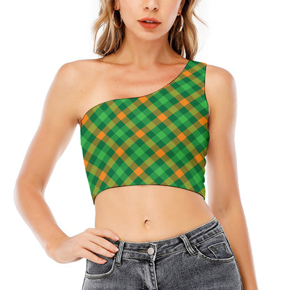 Green And Orange Buffalo Plaid Print One Shoulder Crop Top