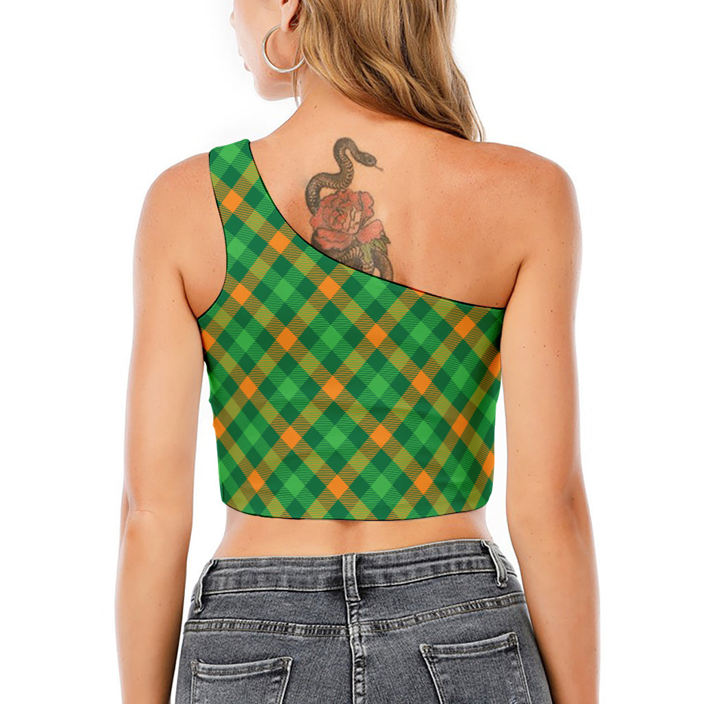 Green And Orange Buffalo Plaid Print One Shoulder Crop Top