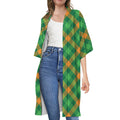 Green And Orange Buffalo Plaid Print Open Front Beach Cover Up