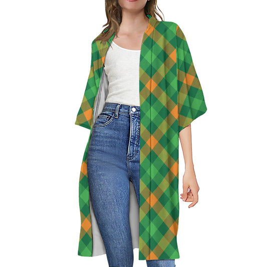 Green And Orange Buffalo Plaid Print Open Front Beach Cover Up