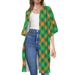 Green And Orange Buffalo Plaid Print Open Front Beach Cover Up