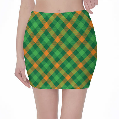 Green And Orange Buffalo Plaid Print Pencil Mini Skirt