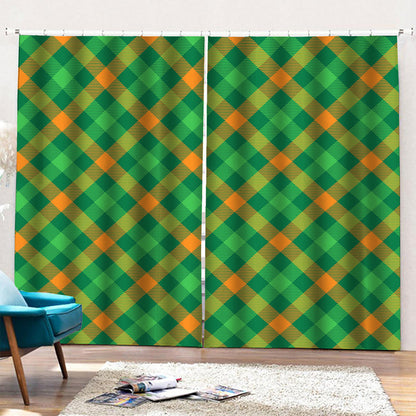 Green And Orange Buffalo Plaid Print Pencil Pleat Curtains