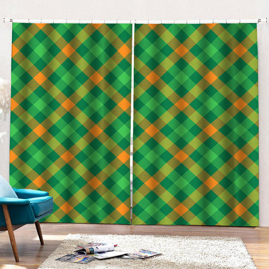 Green And Orange Buffalo Plaid Print Pencil Pleat Curtains