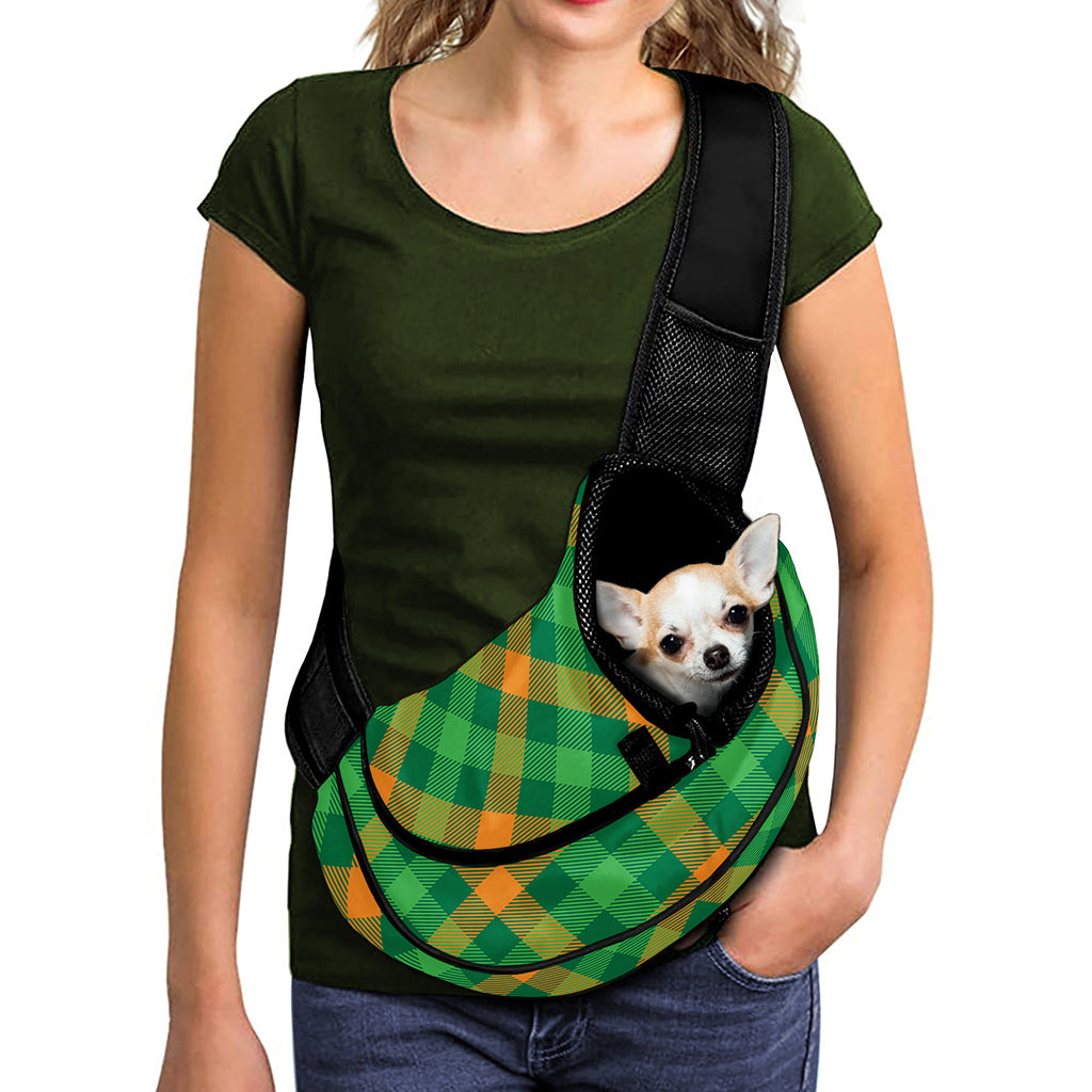 Green And Orange Buffalo Plaid Print Pet Sling Carrier