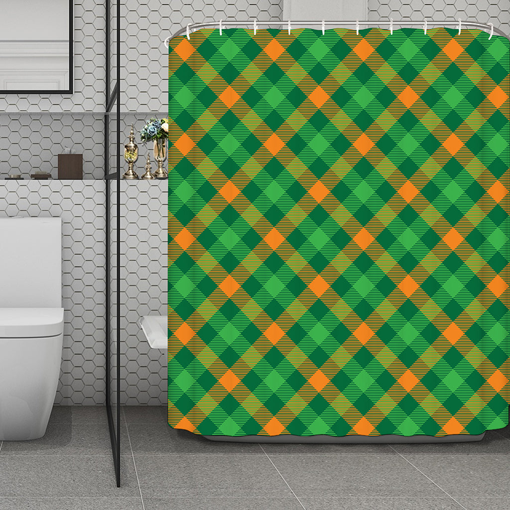 Green And Orange Buffalo Plaid Print Polyester Shower Curtain