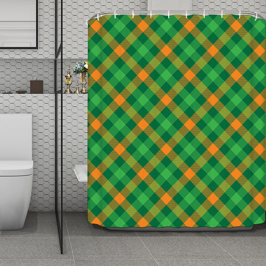 Green And Orange Buffalo Plaid Print Polyester Shower Curtain