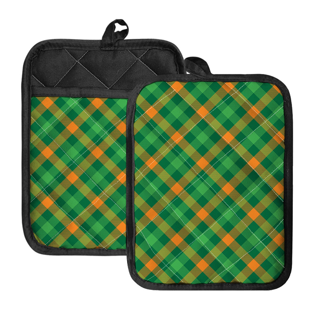 Green And Orange Buffalo Plaid Print Pot Holders With Pocket