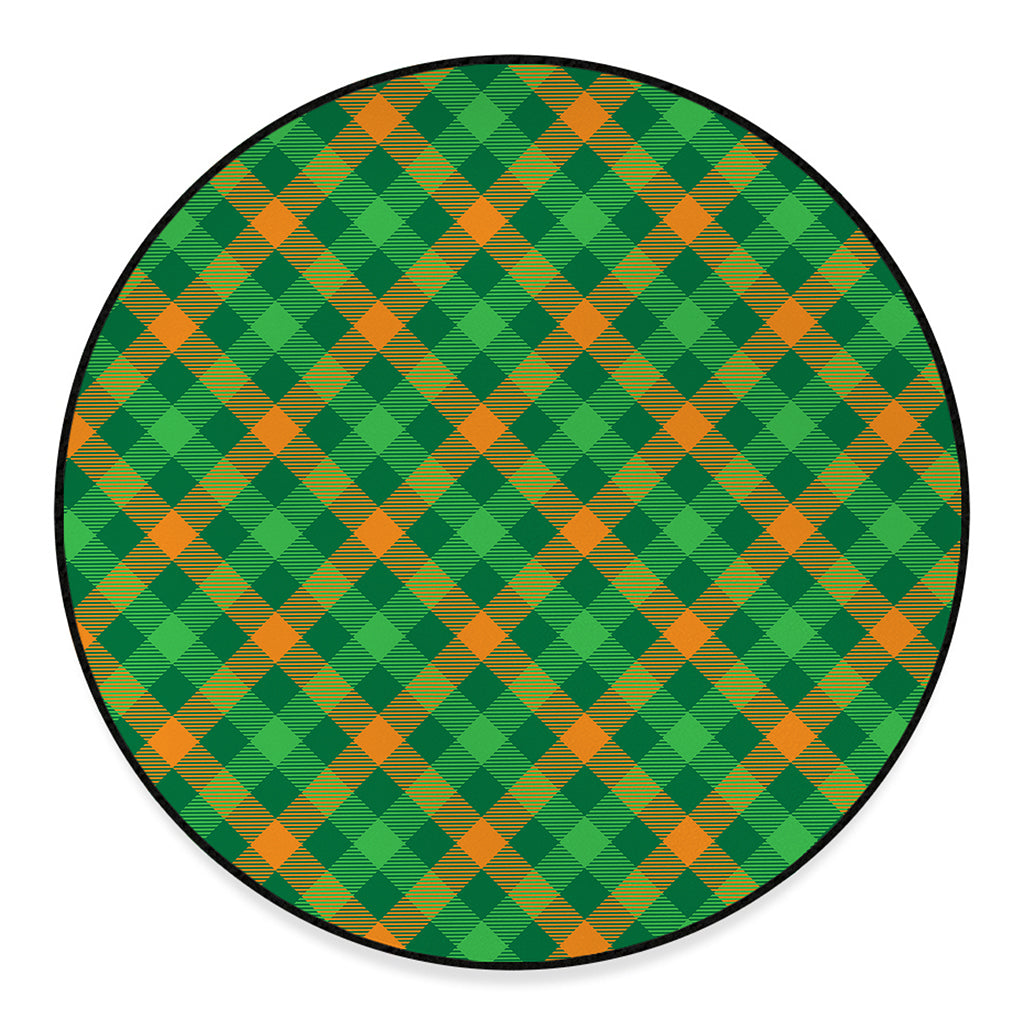 Green And Orange Buffalo Plaid Print Round Floor Mat