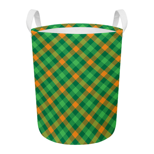 Green And Orange Buffalo Plaid Print Round Laundry Basket