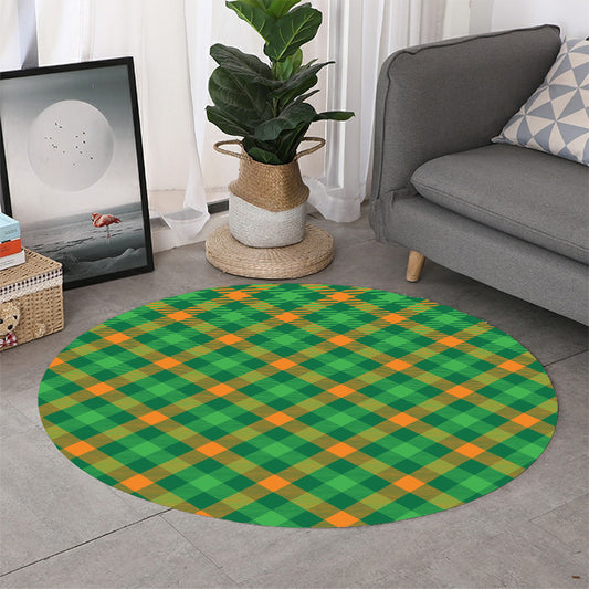 Green And Orange Buffalo Plaid Print Round Rug