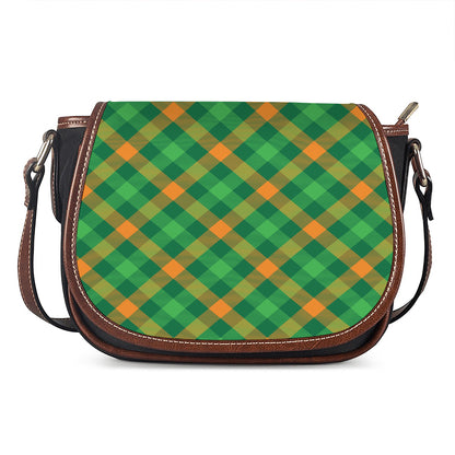 Green And Orange Buffalo Plaid Print Saddle Bag