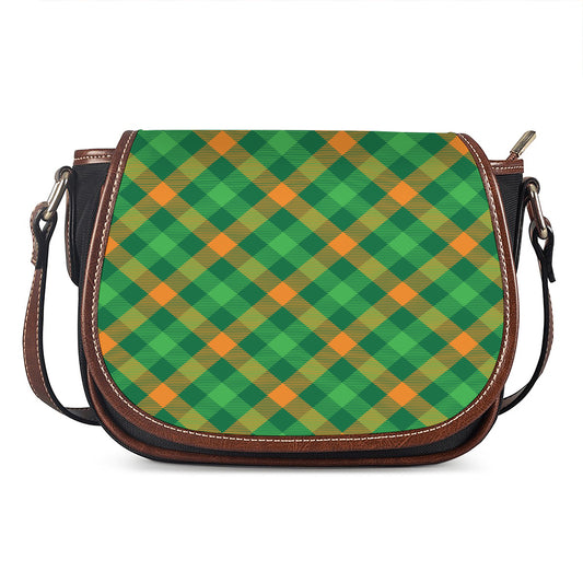Green And Orange Buffalo Plaid Print Saddle Bag