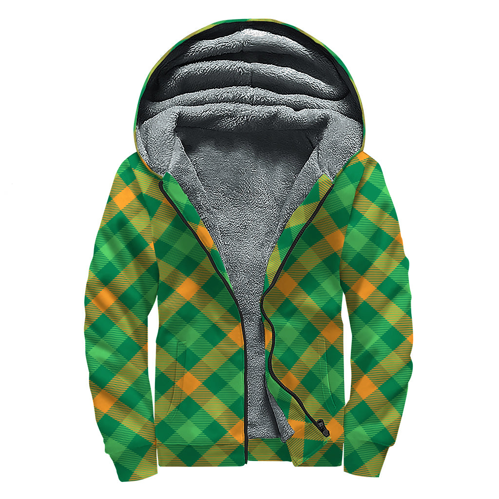 Green And Orange Buffalo Plaid Print Sherpa Lined Zip Up Hoodie