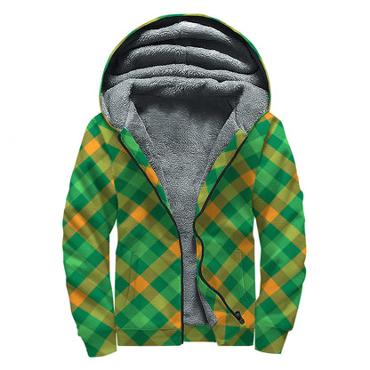 Green And Orange Buffalo Plaid Print Sherpa Lined Zip Up Hoodie