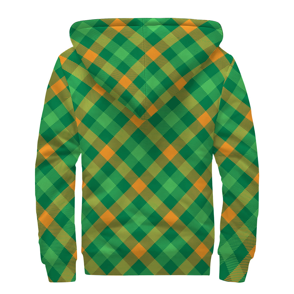 Green And Orange Buffalo Plaid Print Sherpa Lined Zip Up Hoodie