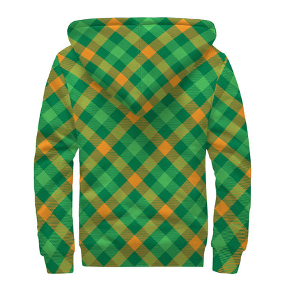 Green And Orange Buffalo Plaid Print Sherpa Lined Zip Up Hoodie