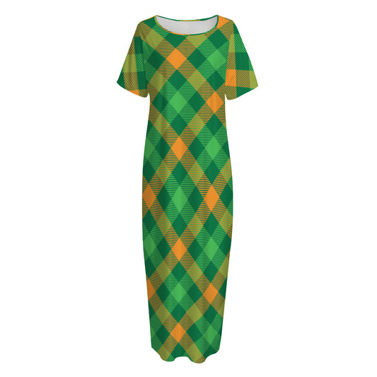 Green And Orange Buffalo Plaid Print Short Sleeve Long Nightdress