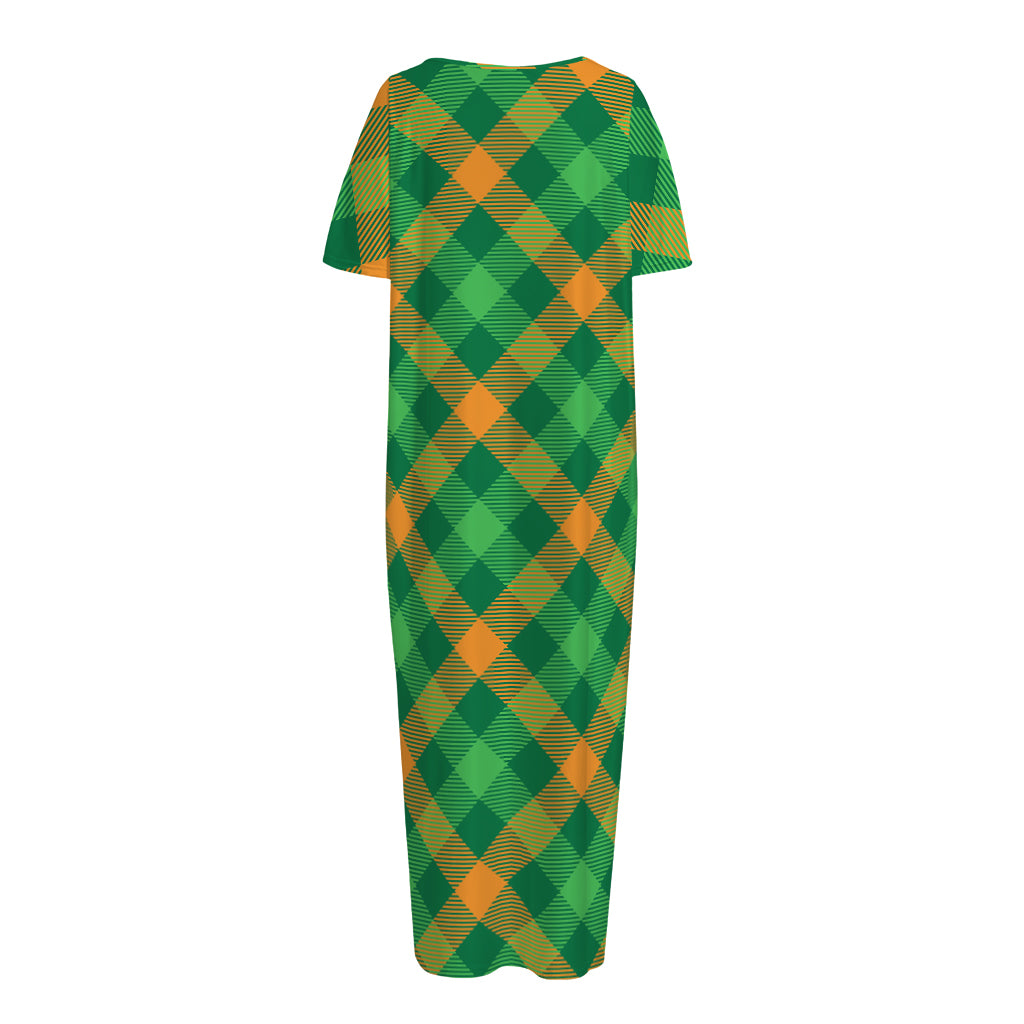 Green And Orange Buffalo Plaid Print Short Sleeve Long Nightdress