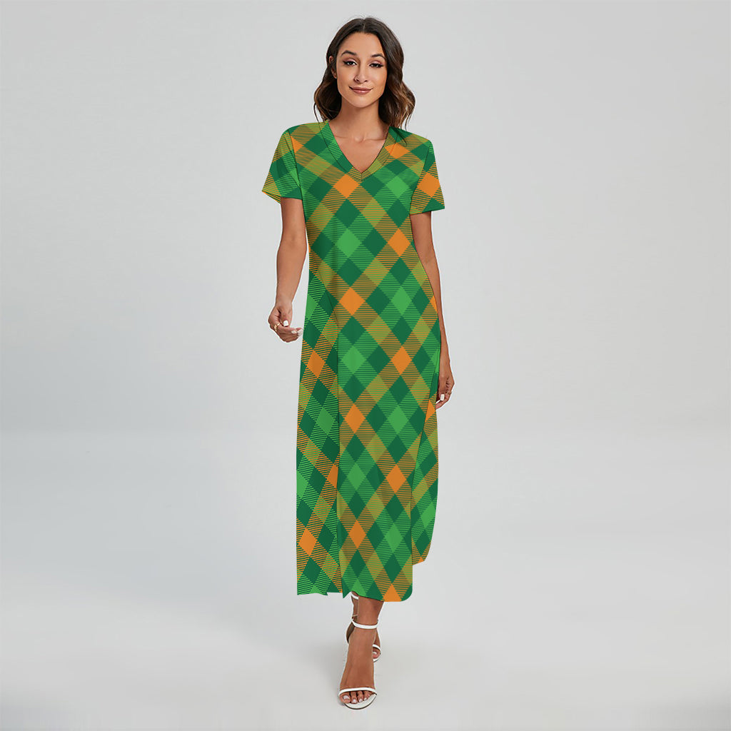 Green And Orange Buffalo Plaid Print Short Sleeve Maxi Dress