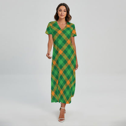 Green And Orange Buffalo Plaid Print Short Sleeve Maxi Dress