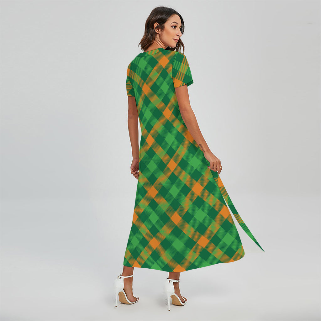 Green And Orange Buffalo Plaid Print Short Sleeve Maxi Dress