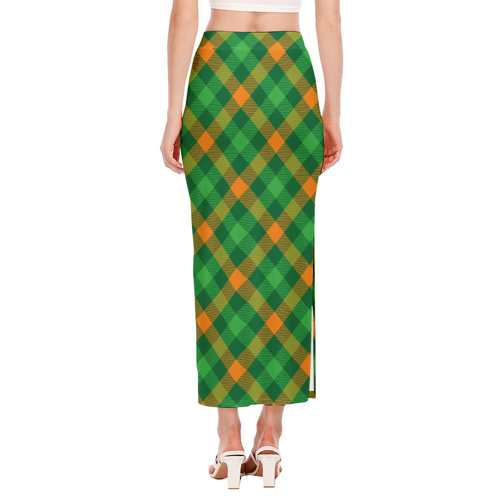 Green And Orange Buffalo Plaid Print Side Slit Maxi Skirt