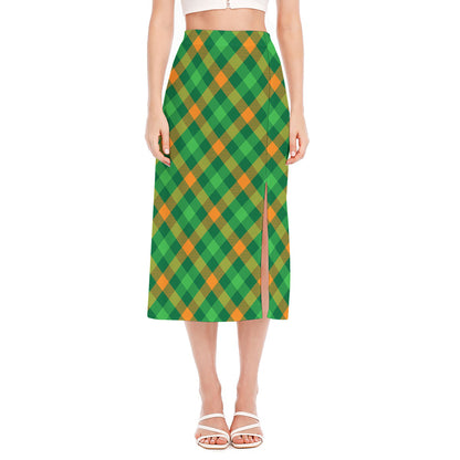 Green And Orange Buffalo Plaid Print Side Slit Midi Skirt