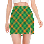 Green And Orange Buffalo Plaid Print Side Slit Mini Skirt
