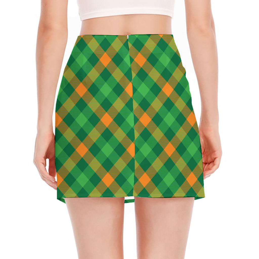 Green And Orange Buffalo Plaid Print Side Slit Mini Skirt