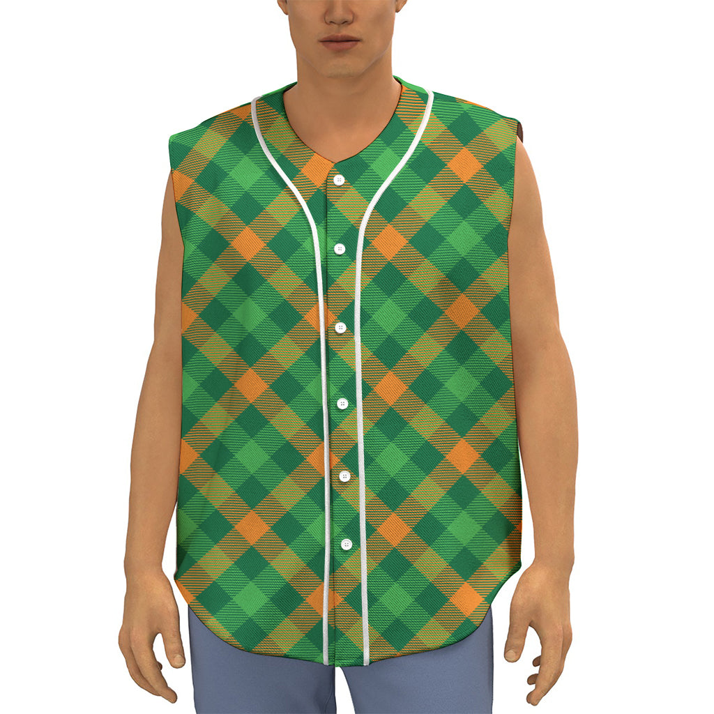 Green And Orange Buffalo Plaid Print Sleeveless Baseball Jersey