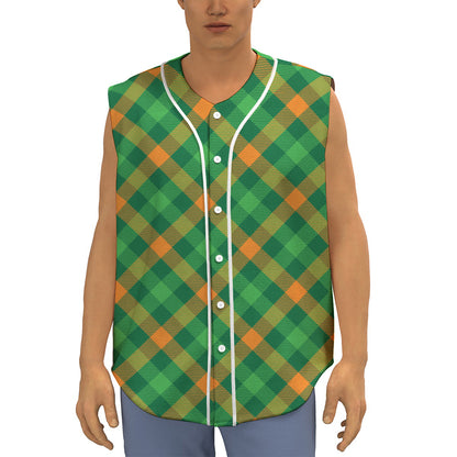 Green And Orange Buffalo Plaid Print Sleeveless Baseball Jersey