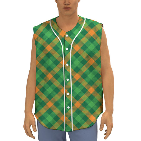 Green And Orange Buffalo Plaid Print Sleeveless Baseball Jersey