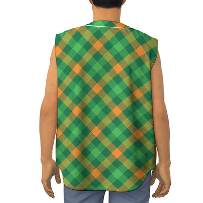 Green And Orange Buffalo Plaid Print Sleeveless Baseball Jersey