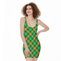 Green And Orange Buffalo Plaid Print Sleeveless Bodycon Dress