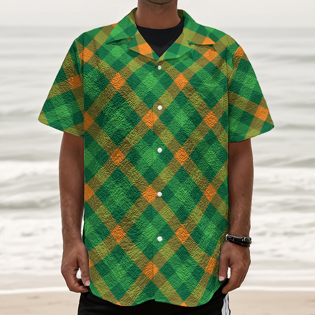 Green And Orange Buffalo Plaid Print Textured Short Sleeve Shirt