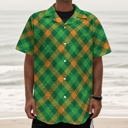 Green And Orange Buffalo Plaid Print Textured Short Sleeve Shirt