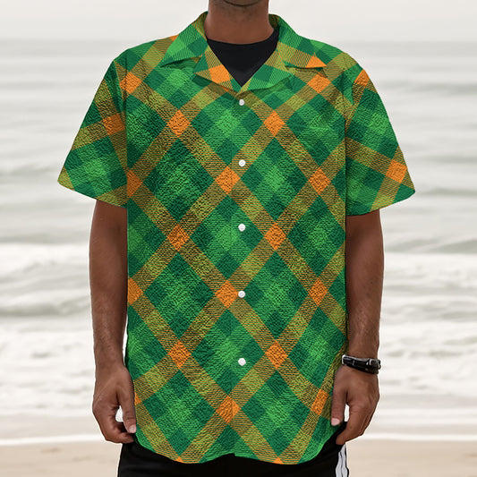 Green And Orange Buffalo Plaid Print Textured Short Sleeve Shirt