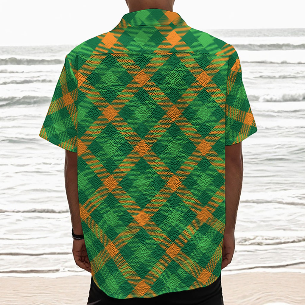 Green And Orange Buffalo Plaid Print Textured Short Sleeve Shirt