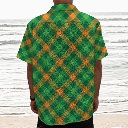 Green And Orange Buffalo Plaid Print Textured Short Sleeve Shirt